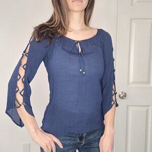 Apt. 9 Navy Blue Lightweight 3/4 Open Sleeve Tie Neck Blouse Size Small